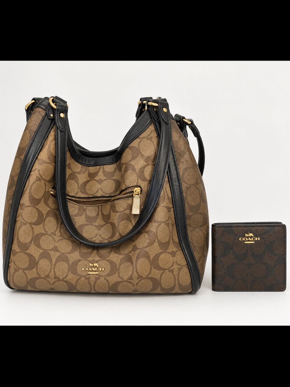 Coach Brown Signature Canvas Shoulder Bag with Black Trim and Matching Wallet